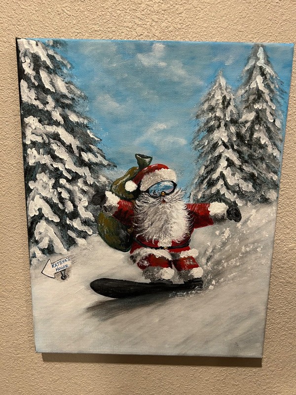 Santa Acrylic Painting Snowboarding