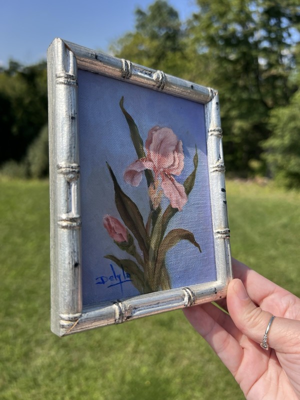 Vintage Signed Iris Floral Oil Painting Bamboo Frame Still Life Pink Purple gallery