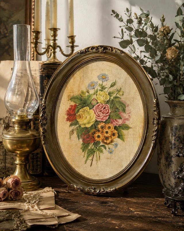 Vintage Roses Oil Painting Oval Wood Frame Floral Botanical Wall Art 21×17
