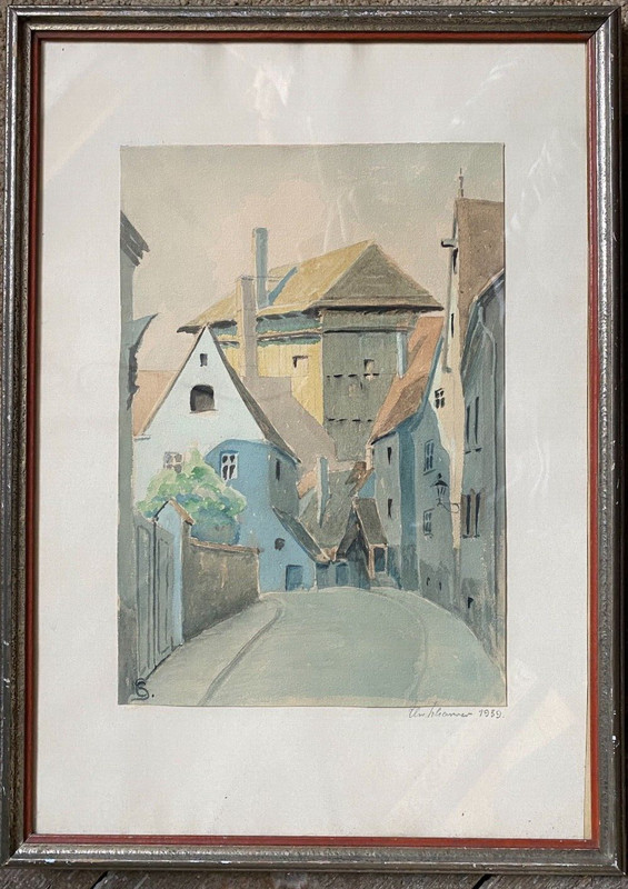 Rear Kretzengäßchen With Dye Tower Augsburg Watercolor Dated 1939 Antique