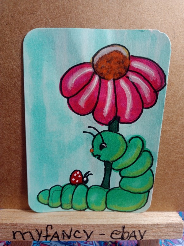 ACEO ATC Two Friends and a flower acrylic painting new 3.5″ x 2.5″ myfancy