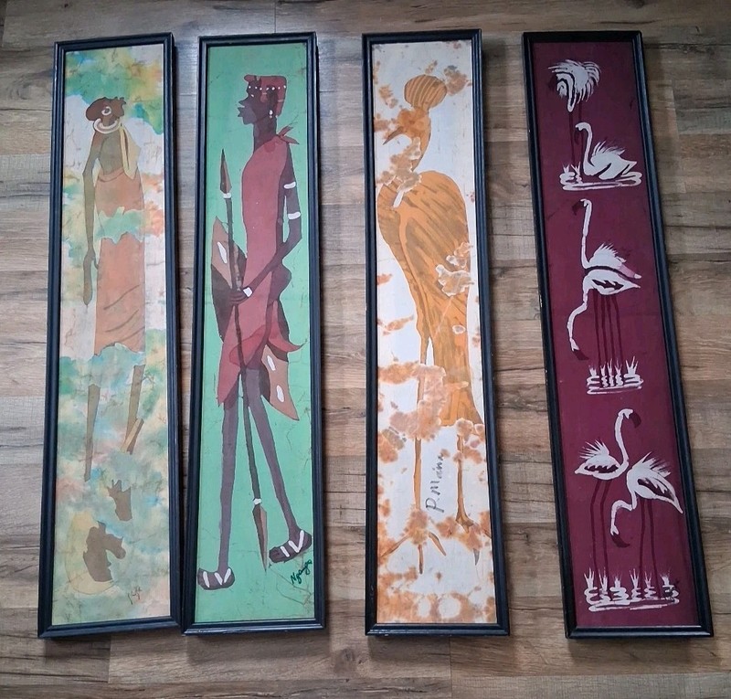 CHOICE African Batik Paintings People And Birds 35 X 7.5 Inches, Signed