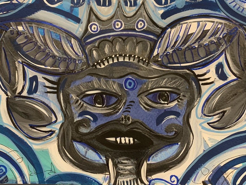 Moody Virgo Arts, abstract Black&Blue Crab painting on Thick Paper Ooak
