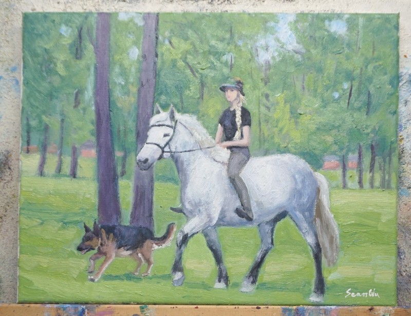 Sean Wu, Original 14x18" oil on stretched canvas, riding horse while walking dog gallery