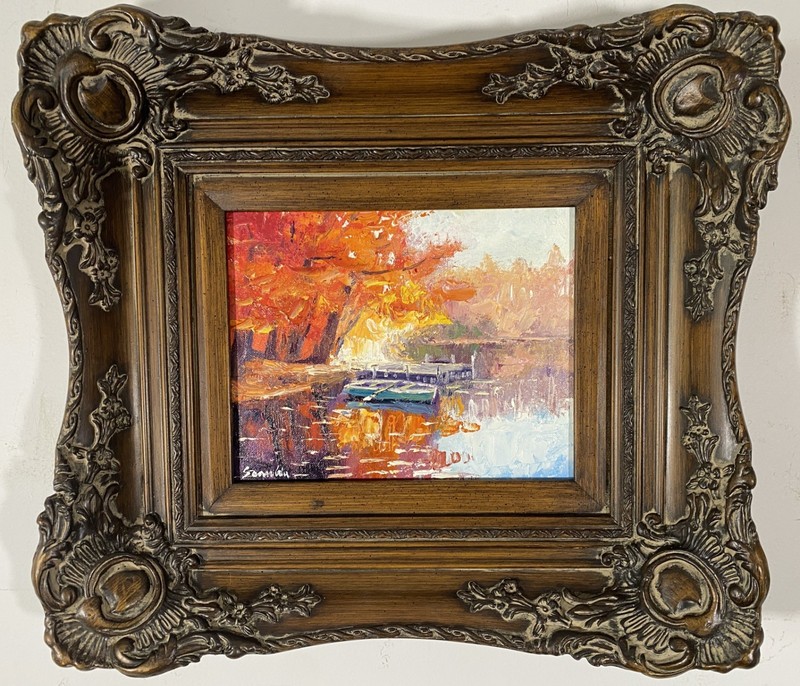 Lakeside Fall Scene, Boat at Dock – Original Oil – Massive Ornate Wood Frame
