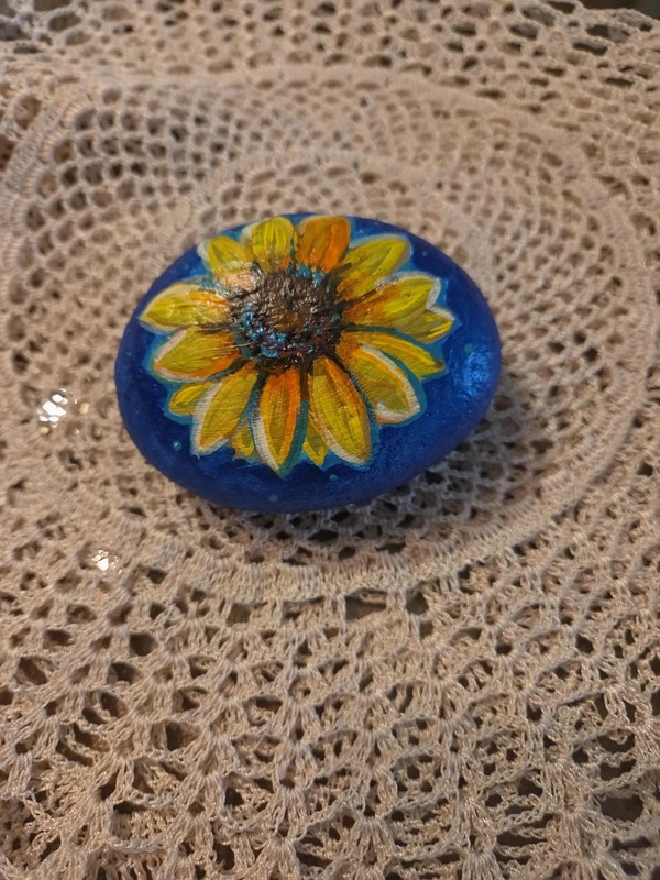 Original sunflower painting rock art by Renee L. Lavoie
