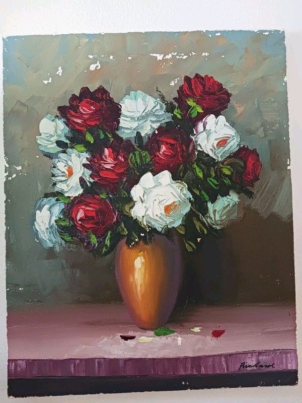 Vtg Original Floral Painting Red White Roses On Canvas Signed Shabby Worn 16×20