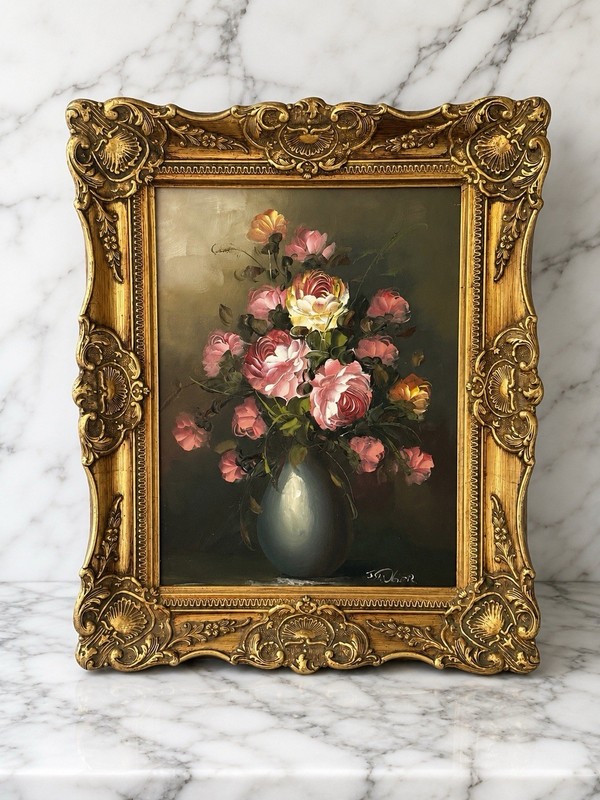 Vintage Signed Floral Oil Painting w/ Moody Pink Roses in Ornate Frame 21×17