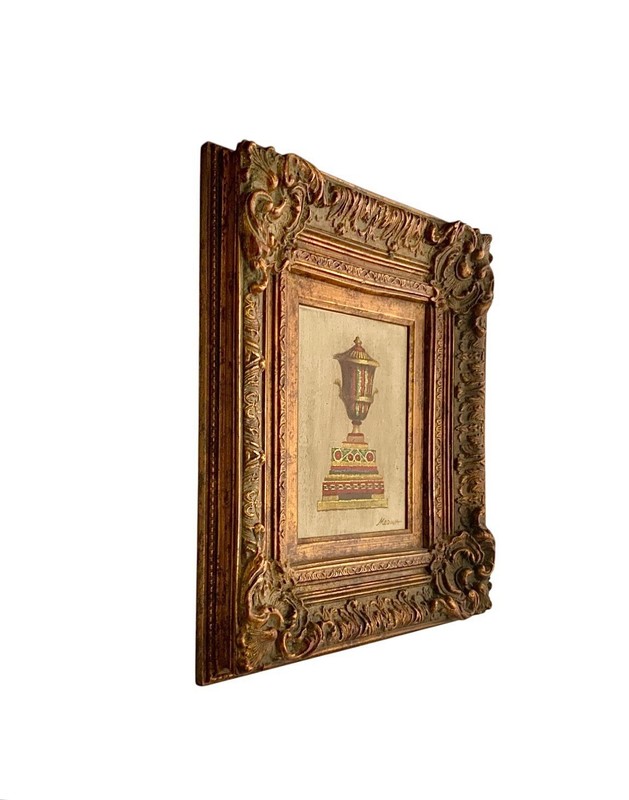 Painting Classic Urn Oil on Canvas Lidded Vase Signed Medina Vintage Rococo Art gallery