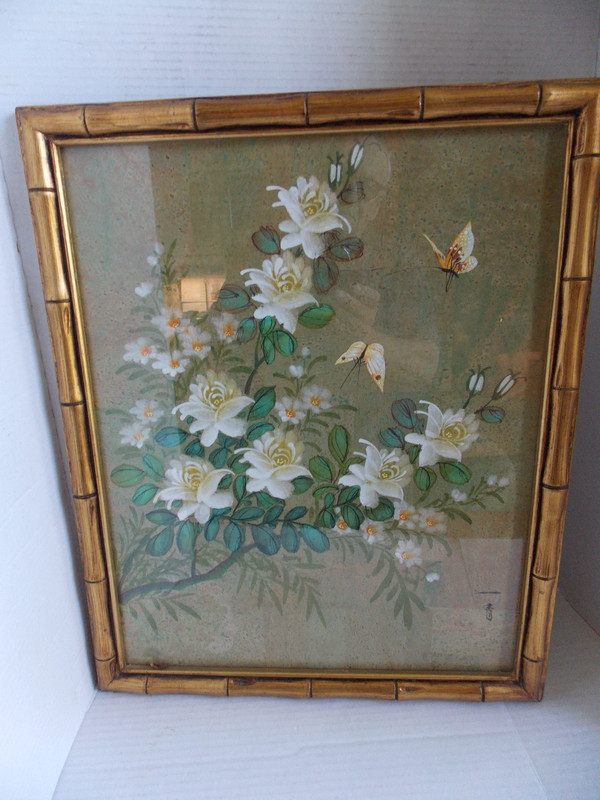 Vintage Cinoiserie Floral Faux Original Painting in Bamboo Wood framed 22"x18"