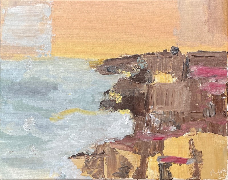 Breakwater Rocks Painting Neutral Coastal Wall Art Soft Ocean Landscape Calm