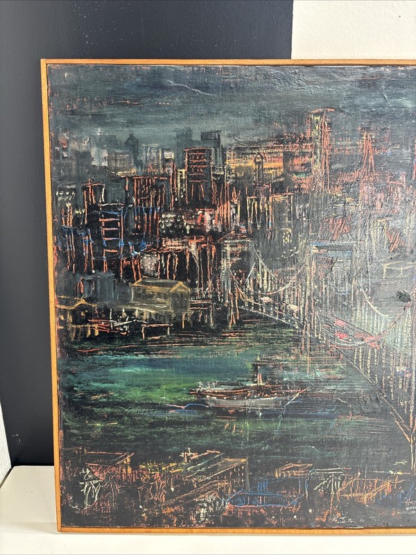RARE Signed Emil Hess (1913-2003) Painting New York Brooklyn Bridge Oil gallery