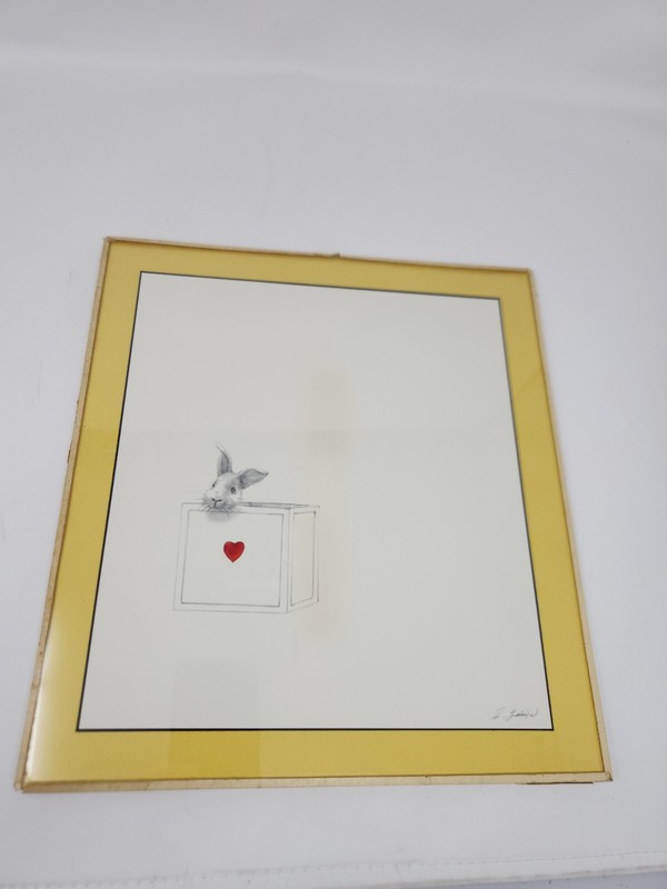 VINTAGE GUILLERMO ZUNIGA Rabbit & Red Heart Box Mixed Media Painting 12″ x 11″