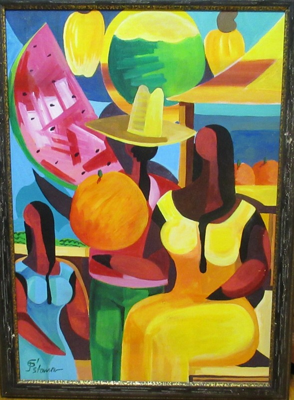 G.P STONER HAITIAN PEOPLE FRUIT MARKET ORIGINAL OIL ON CANVAS PAINTING