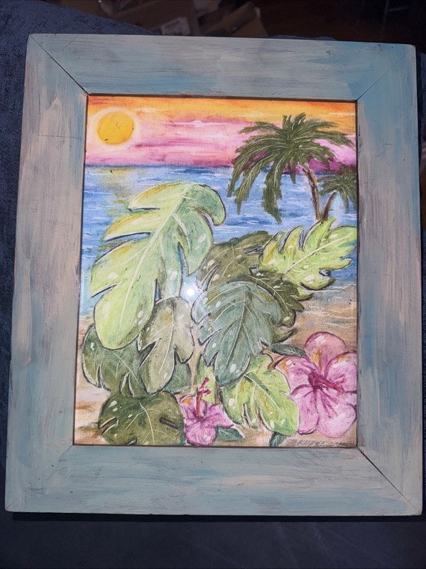 Shortiez Ink Hand Drawn Oil Pastel Framed Beach Decor 11 X 14 Wood Glass