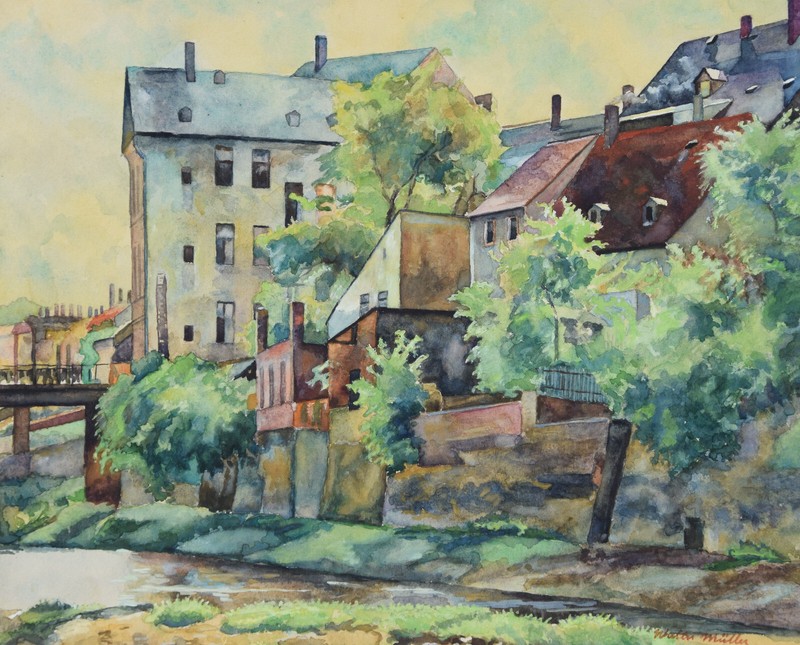 walter miller 20. century / Watercolour ~1940 / River City View / New Objective