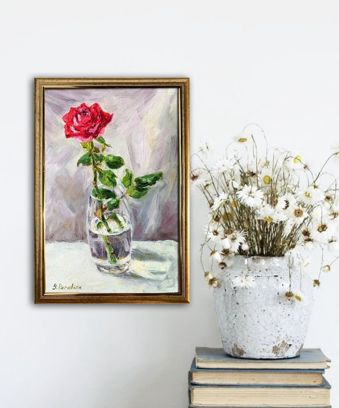 Red Rose Floral Original Still Life gold frame Oil Painting Flower art handmade gallery