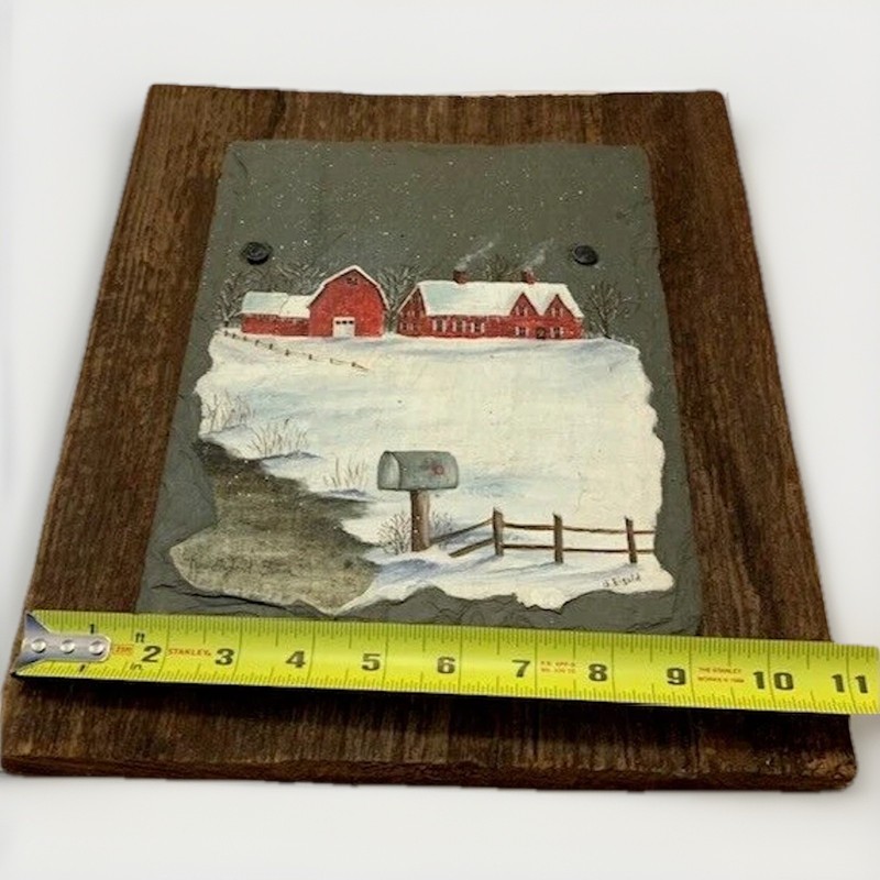 VTG Art Painting Red Barn Wood Slate Farmhouse Cottage Lodge Rustic OOAK USA gallery