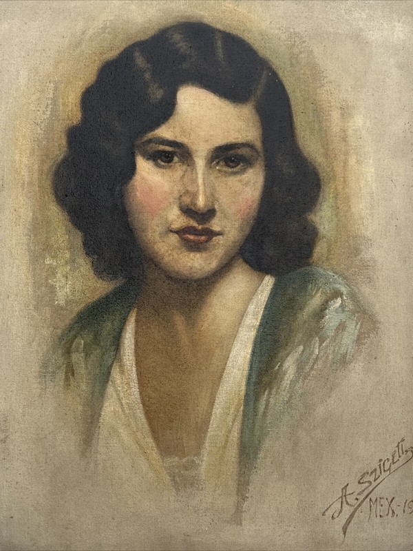 ANTIQUE MEXICAN PAINTING PORTRAIT 1930'S PRETTY WOMAN FEMALE MODEL signed oil gallery