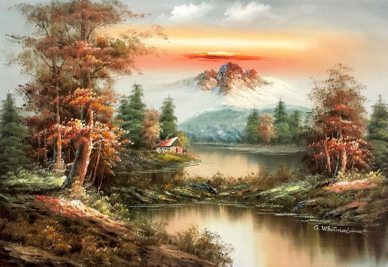 Mountain Landscape by «Whitman», 24×36 100% Hand painted Oil Painting on Canvas