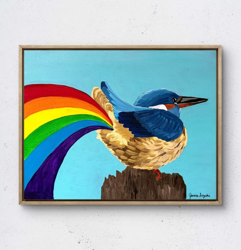 JANICEART 14×11 Original Rainbow Bird Blue Abstract Collectible Wall Art
