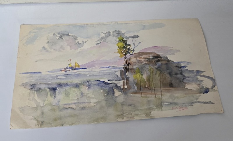 Watercolor Painting Nature Lake Sailboat 14X9 Sailing Boating Lake Original