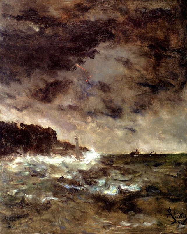 Oil painting impression seascape & lighthouse A-Stormy-Night-Alfred-Stevens art
