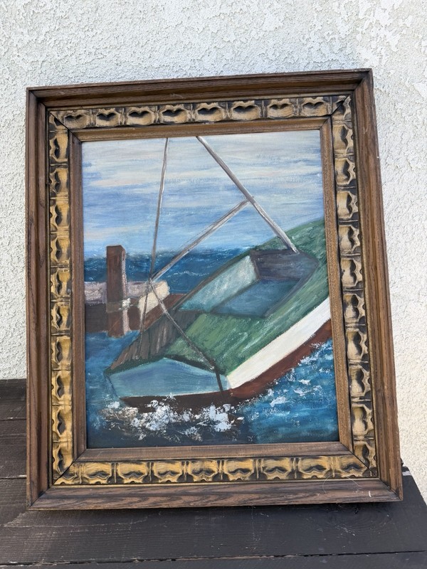 VINTAGE PAINTING AMERICAN REGIONALIST IMPRESSIONISM COASTAL MARINA BOATS BLUE