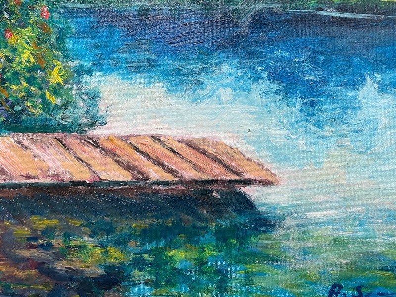 ORIGINAL OIL PAINTING LANDSCAPE LAKE DOCK IMPRESSIONIST WALL ART 12x16 gallery