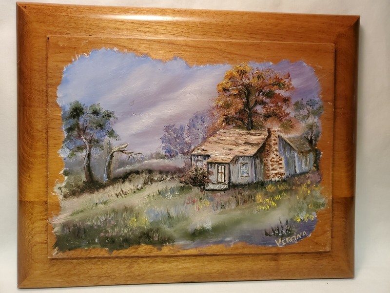 Vintage Hand Painted Wooden Plaque signed Verona Cabin in The Woods