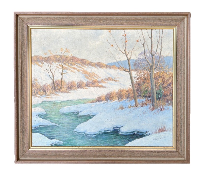 Albert Van Nesse Greene 1887-1971 Oil On Canvas Of A Creek – Winter Landscape