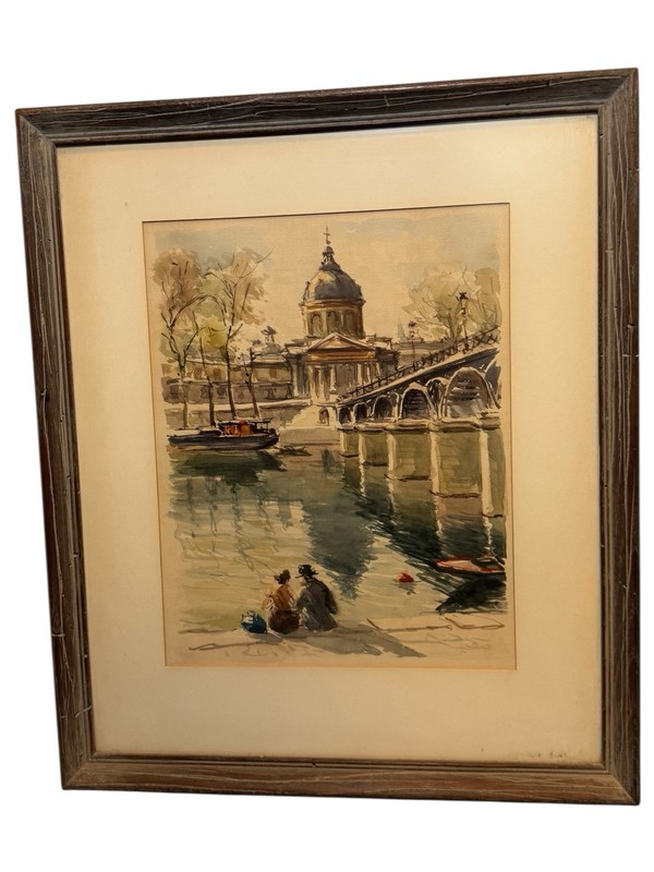 Vintage French Watercolor A Krafts Clossons Art Gallery Cincinnati 21 X 18”