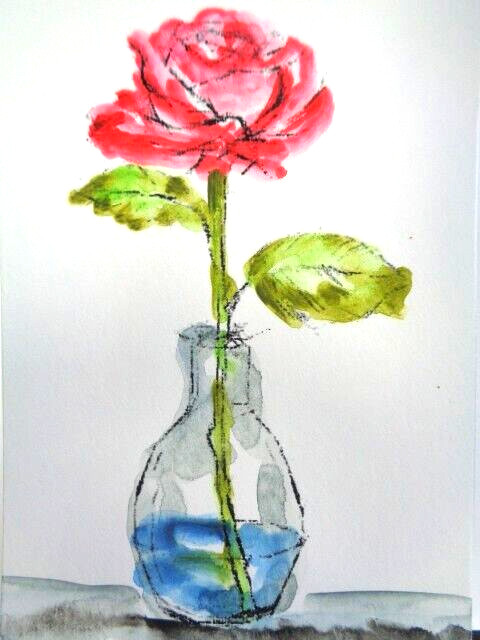 ACEO Original SINGLE RED ROSE BUD FLOWER IN A VASE Watercolor Painting
