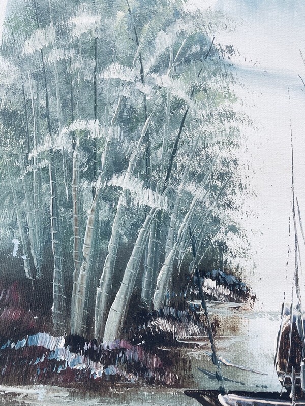 1950s Impasto Oil Painting Art Blue Harbor Fishing Boats Asian Landscape 17x13" gallery