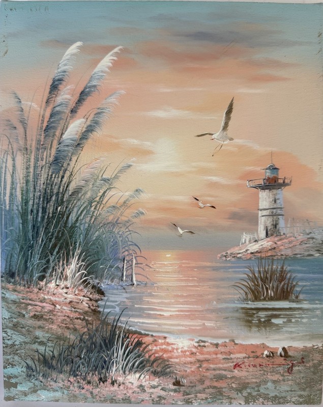 Vintage K. Cummings Original Seascape Oil Painting - Lighthouse & Seagulls gallery