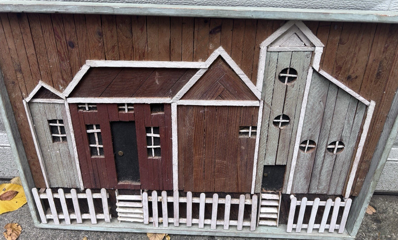 VTG Wood Lathe Art Rustic Town Home Folk Art Signed 17″ X 25″Ben Israel # 8860