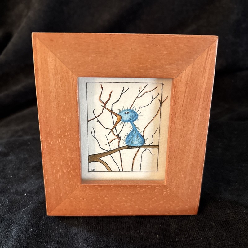 Hungry Blue Bird Watercolor On Paper Mini Wooden Frame