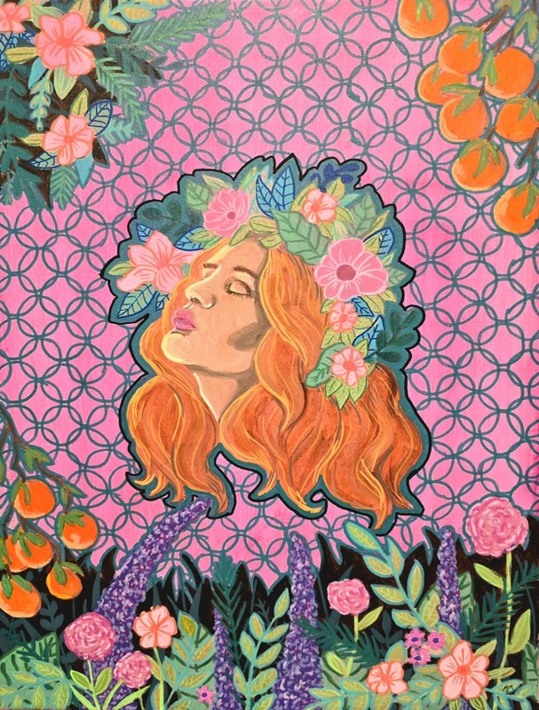 Original Art Painting Woman with Floral Crown Botanical Acrylic on Canvas 18×24