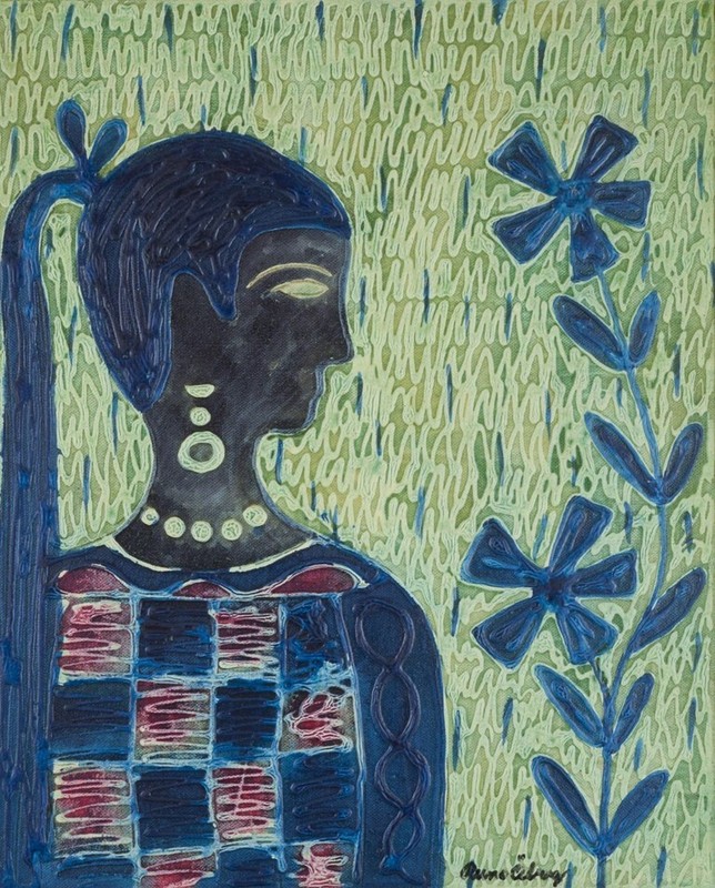 Runo Öberg (1931–2019), Swedish artist. Mixed media on board. Woman and flower