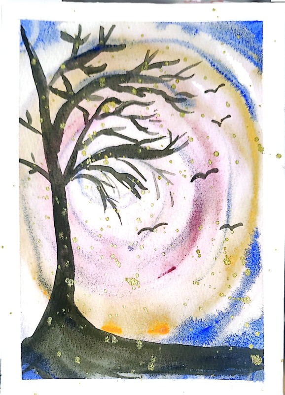 One Tree Hill Original Expressionism 5×7 Watercolor On Cotton Paper Signed