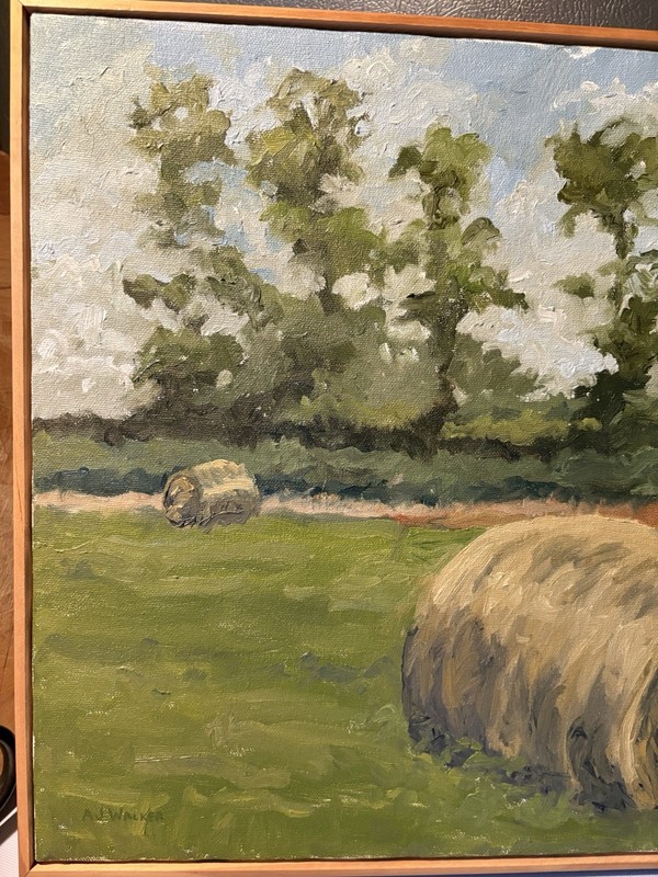 Signed Oil Painting Landscape Farm Round Hay Bales A. Walker Stautbergs Field gallery