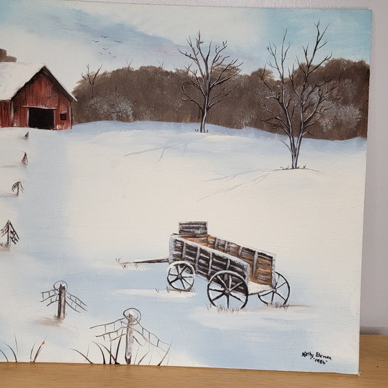 Hand-painted Winter Snow Scene Red Barn Wagon Signed gallery