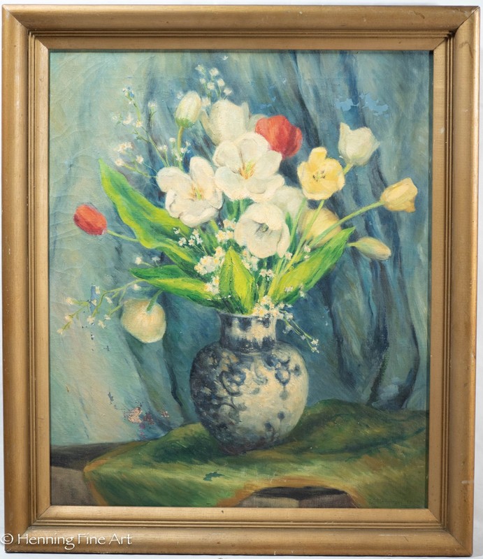 Stunning Vintage Oil Painting Tulips in Oriental Vase by AG Blonstroni 28×24″ 47