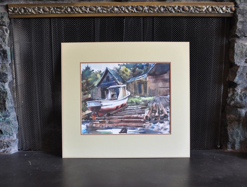 Watercolor Painting – Fishing Boat Docked at Cabin on Lake