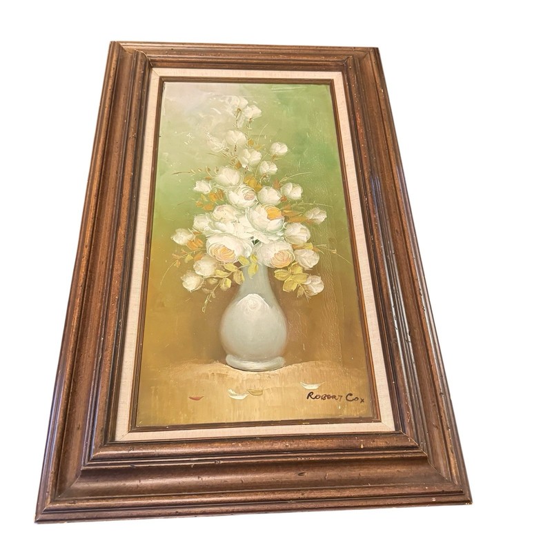 Vintage Signed Robert Cox Floral Oil Paintings Roses Wooden Frame 32″ x 20″