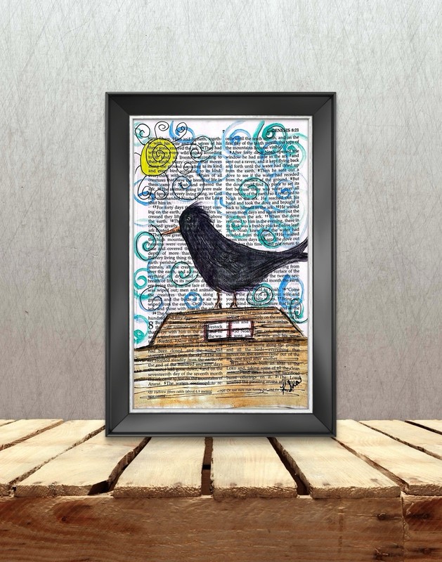Inspirational Original Art «Raven Returns» 5.25 x 8.25 On A Bible Page Wall Art
