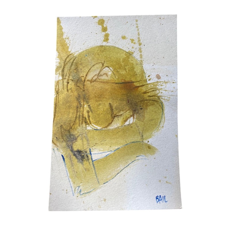 Original Artwork Abstract Watercolor Painting Signed «BAIL» Yellow Brown