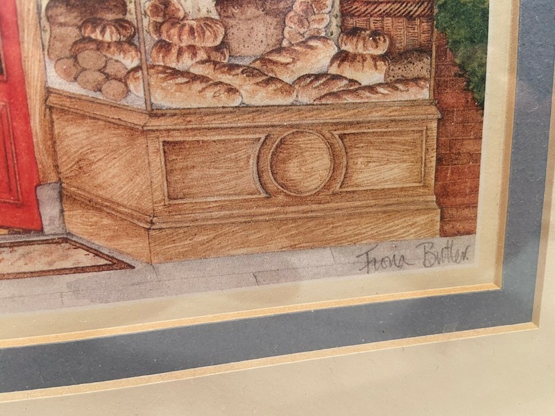 Two Great Vintage Prints "Bakery" and "Fruit Store" by Fiona Butler, signed gallery