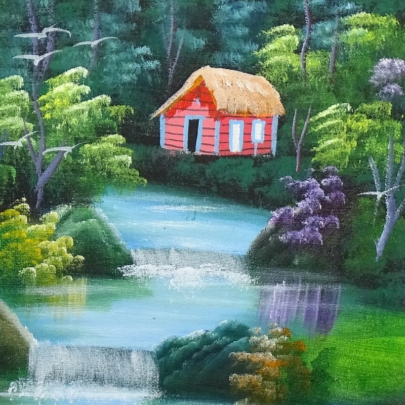 2003 Acrylic Landscape Painting Cabin Waterfalls Birds Cranes Trees Signed H.R.