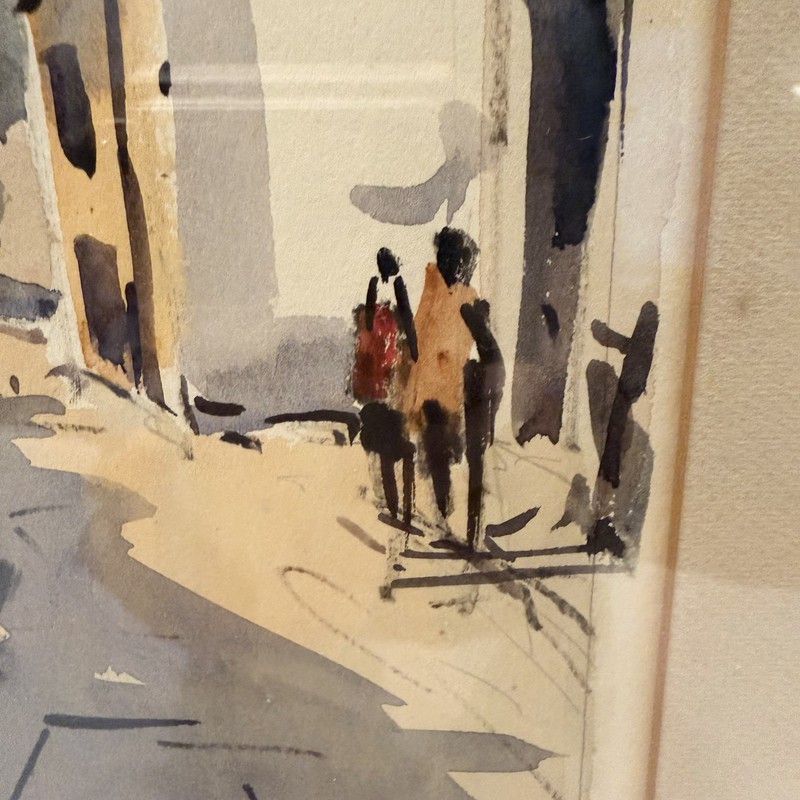Manuel Vicente Mora Art OOAK Watercolor Walking Town MCM Moody VTG Framed 24" gallery